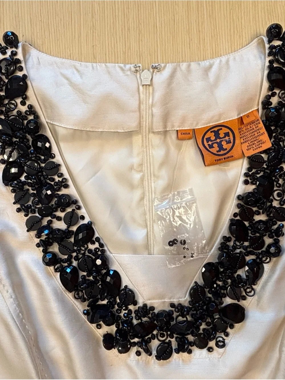 Tory Burch Grania Beaded Neck Silk Tank Top Ivory Cream Sz 12